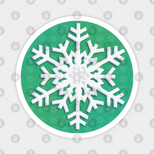 Snowflake Winter Holiday Christmas Kids Party Decoration. White Snowflake on green christmas tree background. Magnet by sofiartmedia